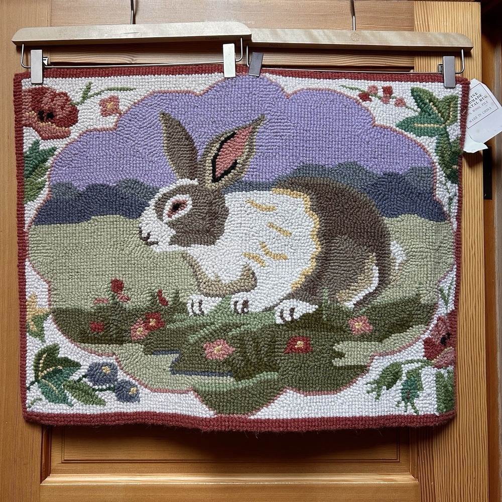 NEW Handmade 100% Wool Pile Rug 27x20 Bunny Rabbit Hooked Folk Nursery Cottage
